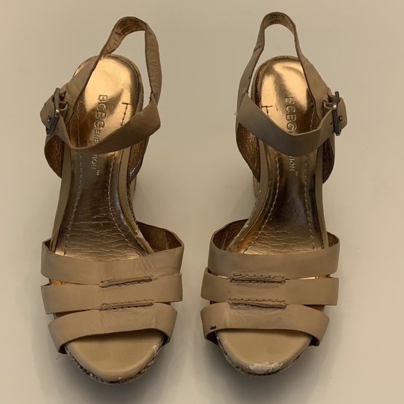BCBGeneration Beige Striped T-Strap Wedge Platform Shoes 6 - Picture 3 of 6
